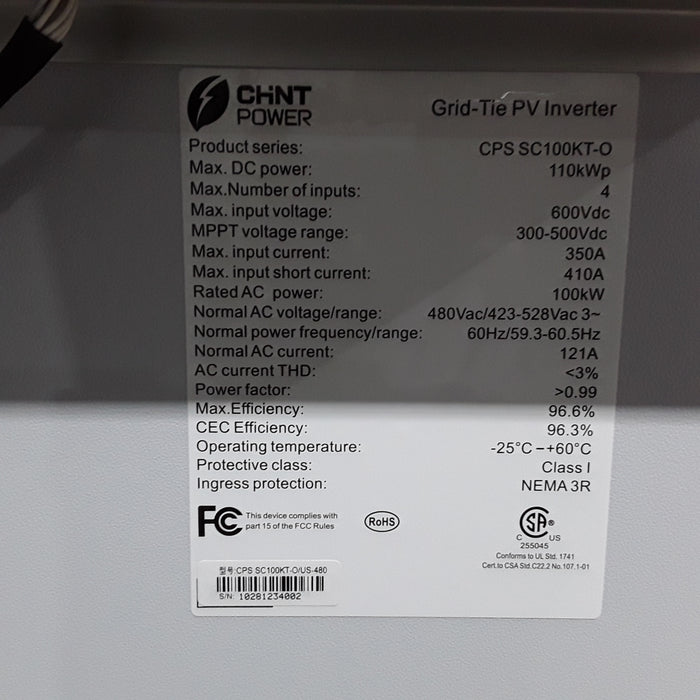 Chint Power Systems CPS SC100KT-O 100kW Grid-Tied PV Inverter