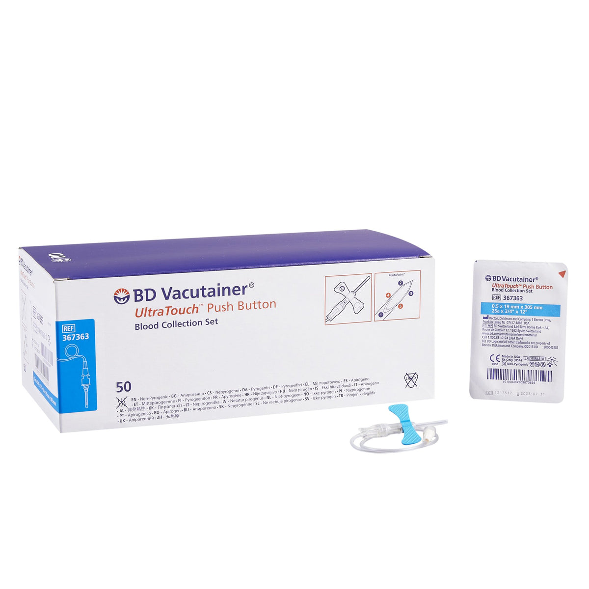 BD 367363 Blood Collection Set Push Button with Luer Adapter 25G x
