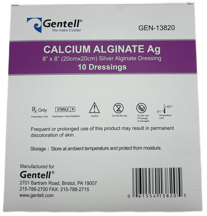 Gentell Gentell GEN-13820 Calcium Alginate Ag 8" x 8" Dressing Supplies reLink Medical