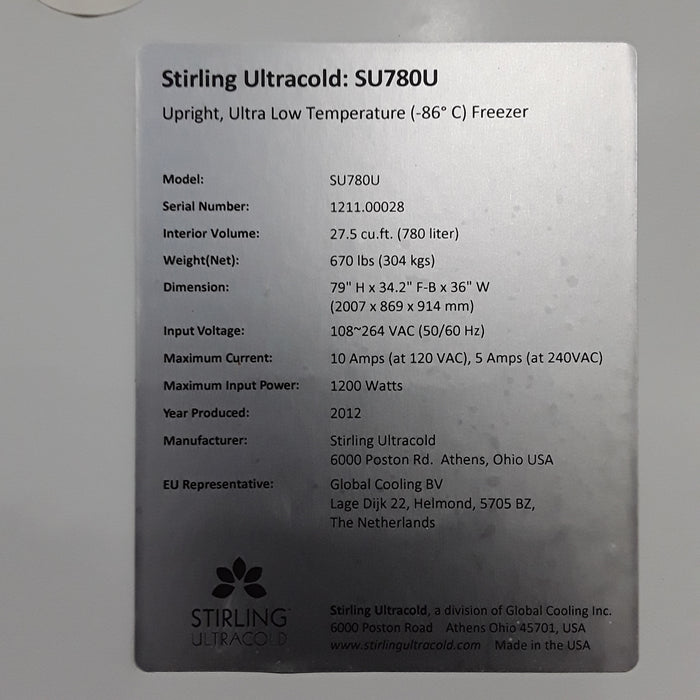 Stirling Ultracold SU780U Ultra Low Temperature Freezer