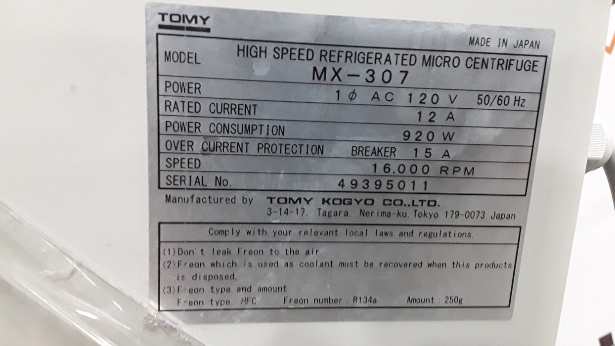 Tomy Kogyo CO. LTD MX-307 High Speed Refrigerated Micro Centrifuge