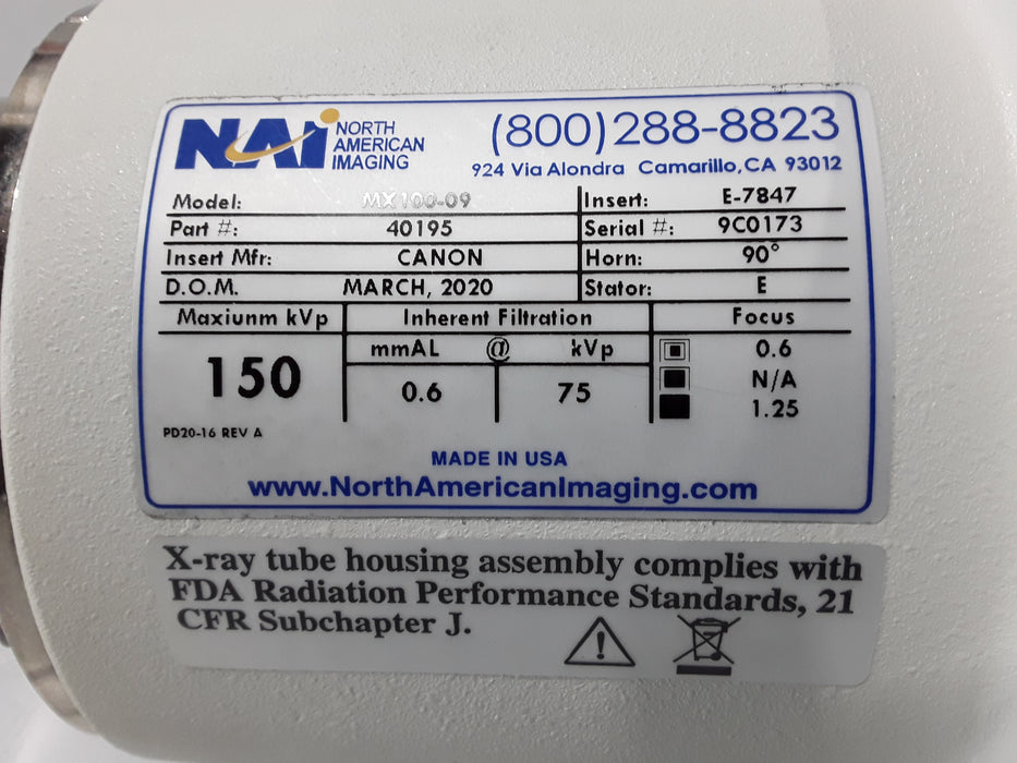 North American Imaging, Inc. (NAI) CA North American Imaging, Inc. (NAI) CA MX100-09 X-Ray Tube X-Ray Equipment reLink Medical