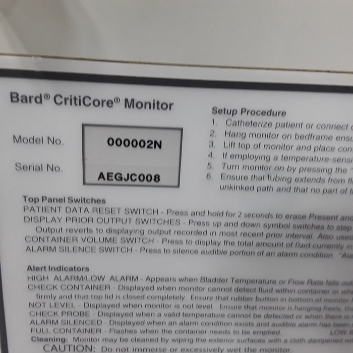 Bard Medical Criticore Fluid Output and Temp Monitor