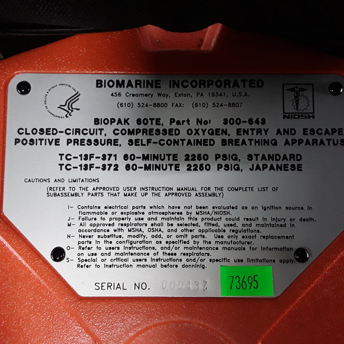 Biomarine Incorporated Biopak 60 Self Contained Breathing Apparatus