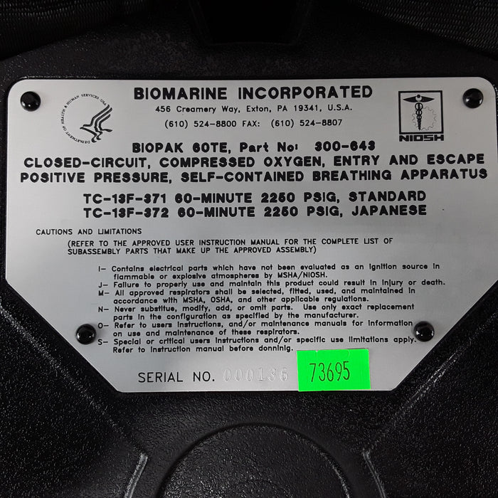 Biomarine Incorporated Biopak 60 Self Contained Breathing Apparatus