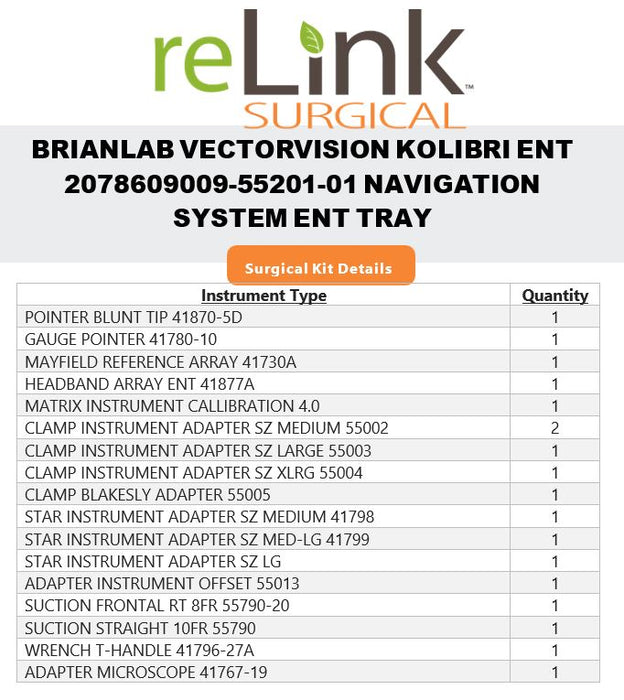 Brainlab, Inc. Vectrovision Kolibri ENT 2078609009-55201-01 Navi System ENT Tray