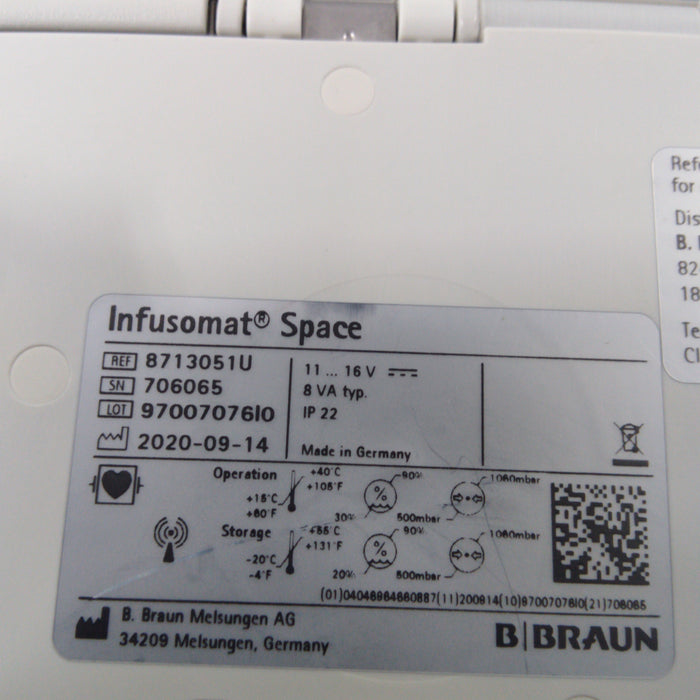 B. Braun Infusomat Space w/AC Adapter Infusion Pump