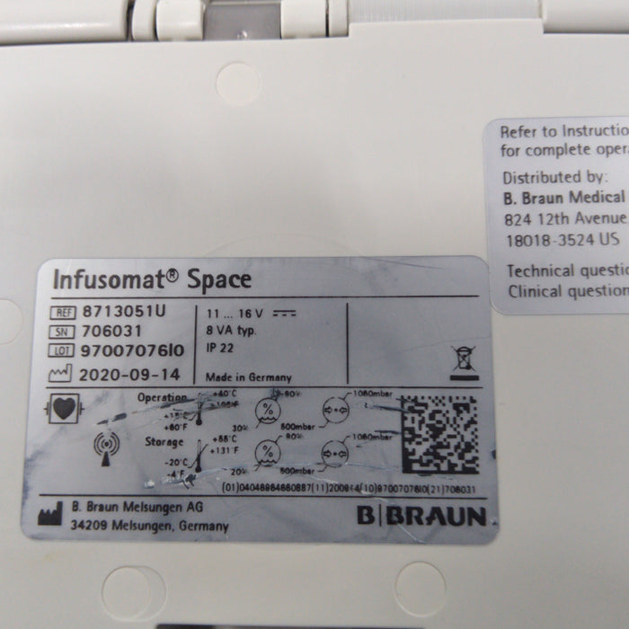 B. Braun Infusomat Space w/AC Adapter Infusion Pump