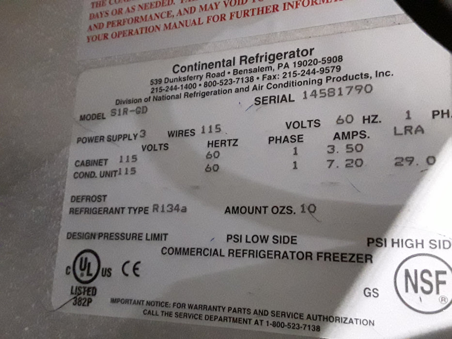 Continental  Refrigerator S1R-GD Reach in Refrigerator