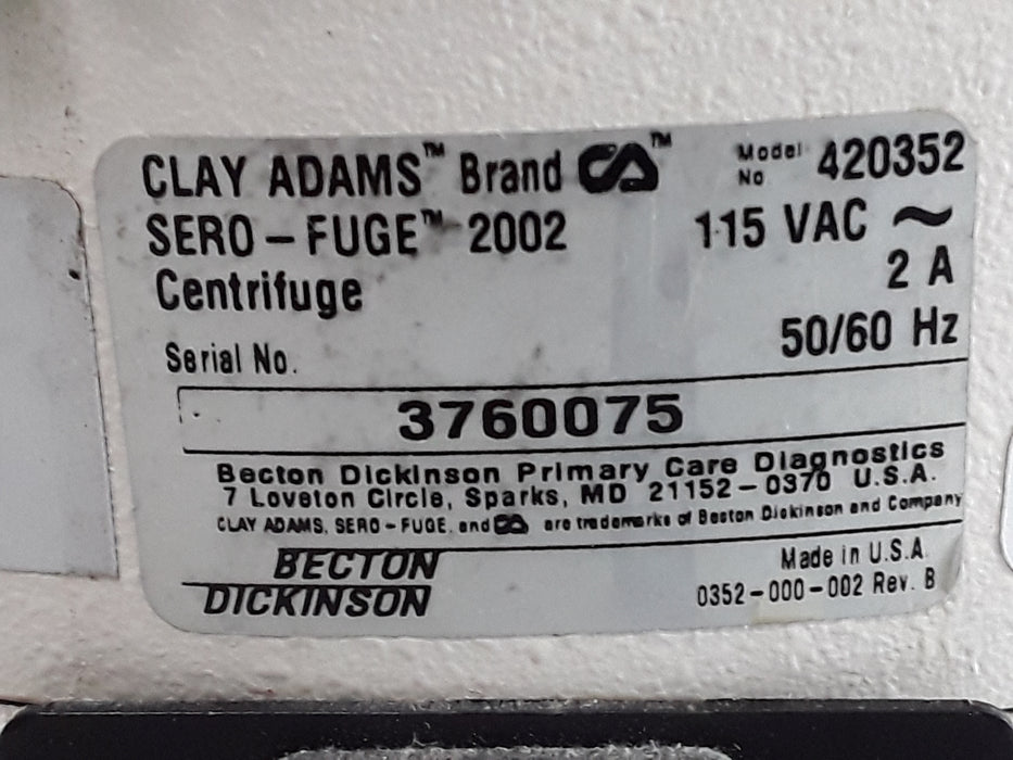 Clay Adams 420352 Sero-fuge 2002 2-Speed Centrifuge