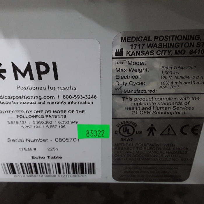 Medical Products, Inc. (MPI) Model 2251 Ultrasound Table