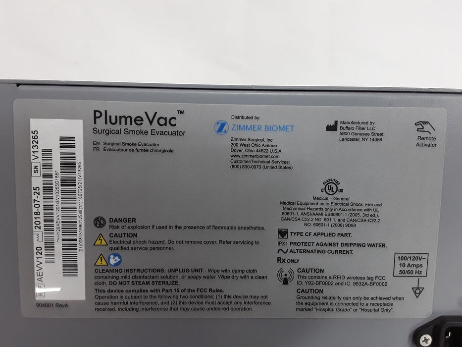 Zimmer PlumeVac AEVV120 Surgical Smoke Evacuator
