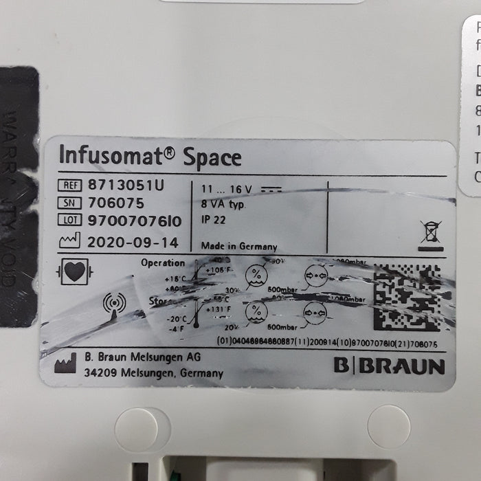 B. Braun Infusomat Space w/Pole Clamp & AC Adapter Infusion Pump