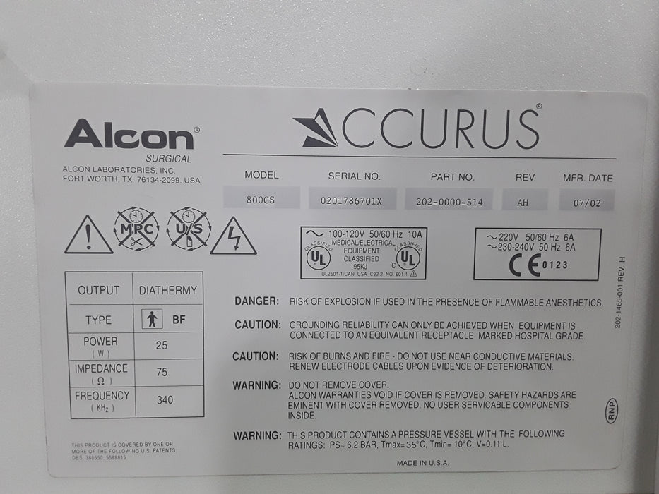 Alcon Laboratories Inc Accurus 800CS Phacoemulsifier