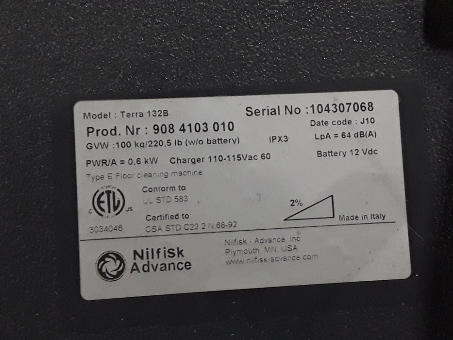 Nilfisk Terra 132B Battery Powered Commercial Sweeper