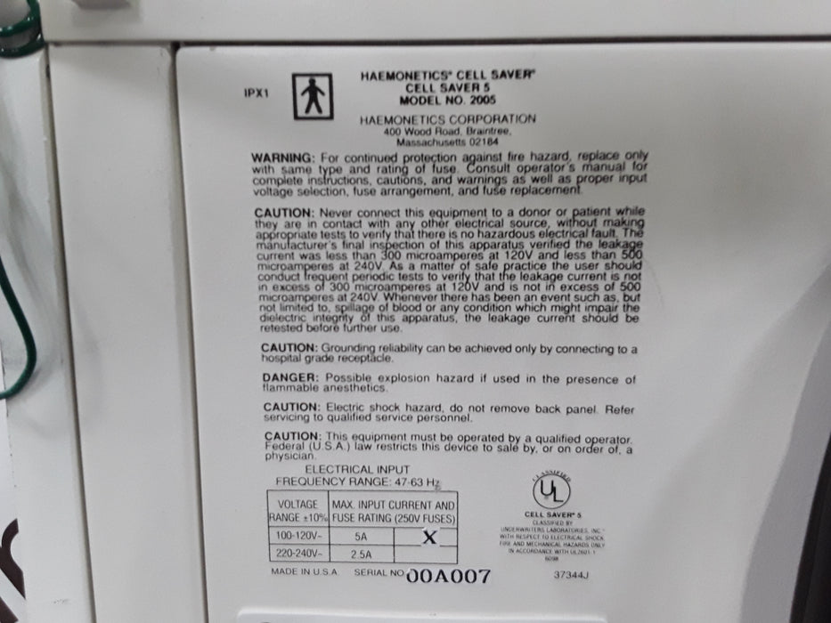 Haemonetics Cell Saver 5 Salvage Shed Blood Unit