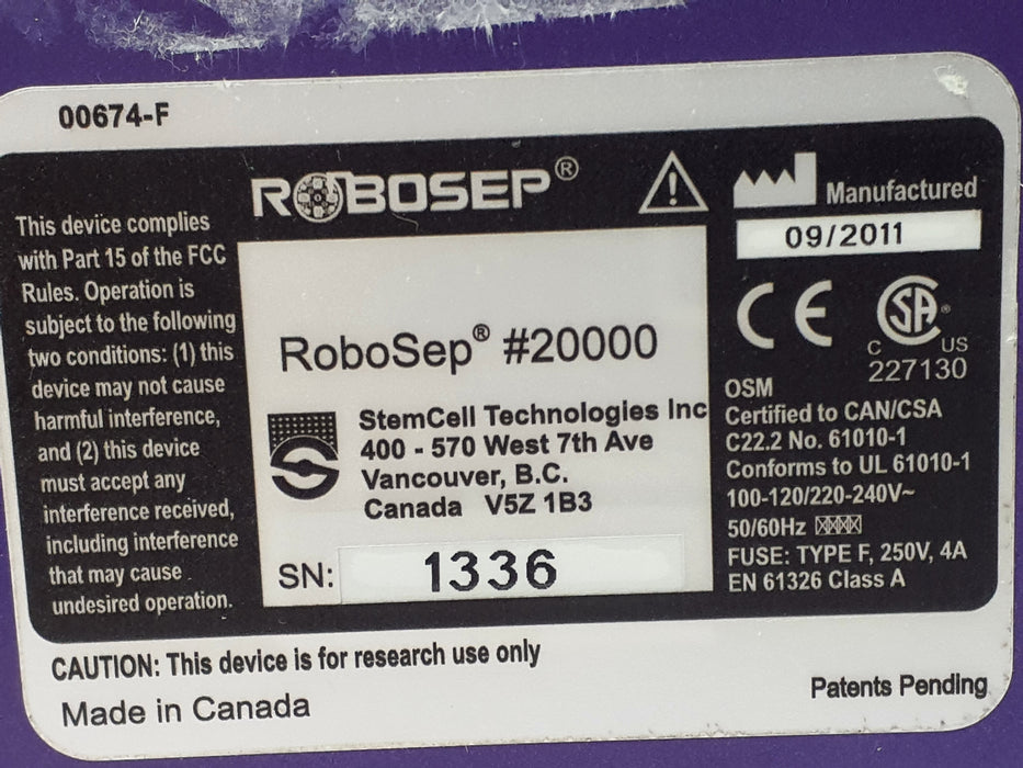 Stemcell Technologies Robosep 20000 Automated Magnetic Cell Separator Cytometry