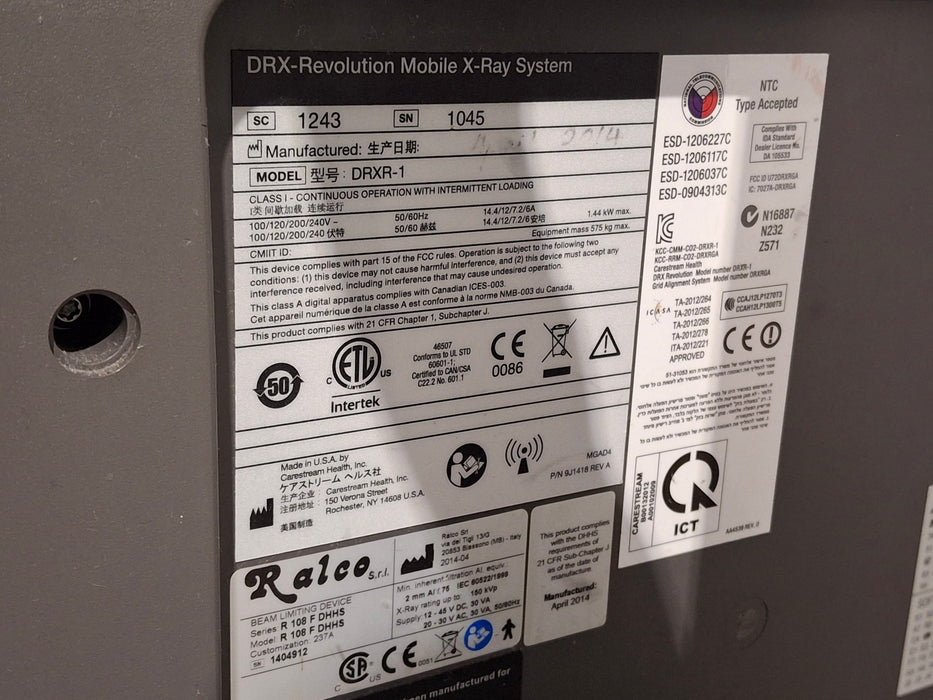 Carestream Health, Inc. DRX Revolution Model DRXR-1 Mobile X-Ray System