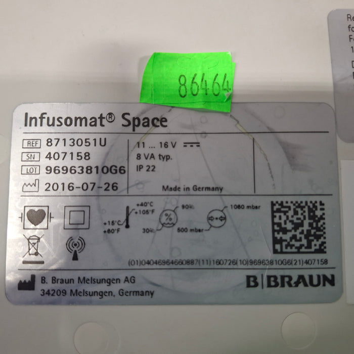 B. Braun Infusomat Space w/Pole Clamp & AC Adapter Infusion Pump
