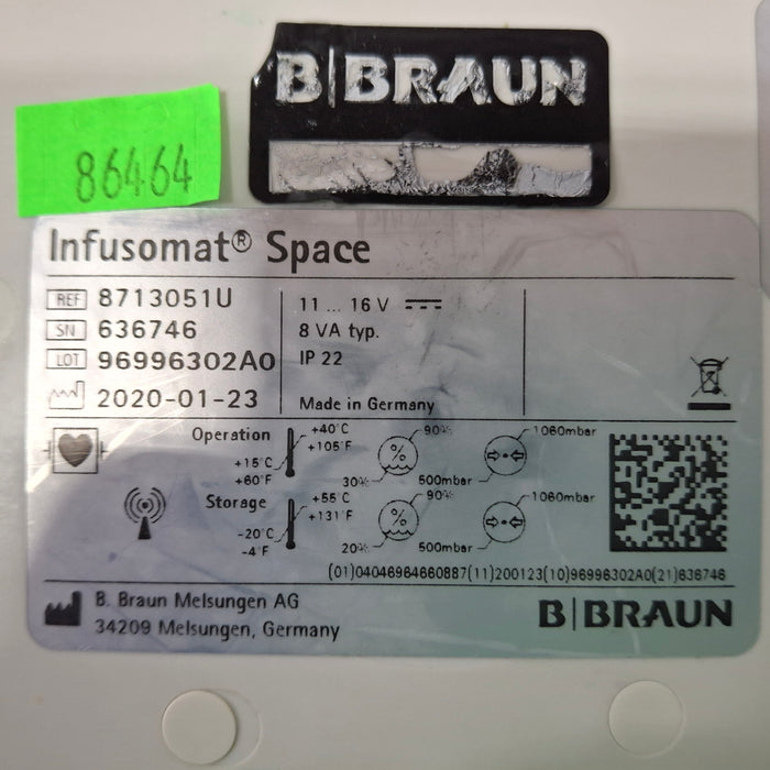 B. Braun Infusomat Space w/Pole Clamp & AC Adapter Infusion Pump