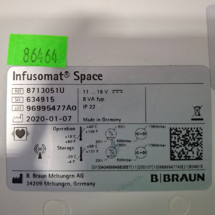 B. Braun Infusomat Space w/Pole Clamp & AC Adapter Infusion Pump