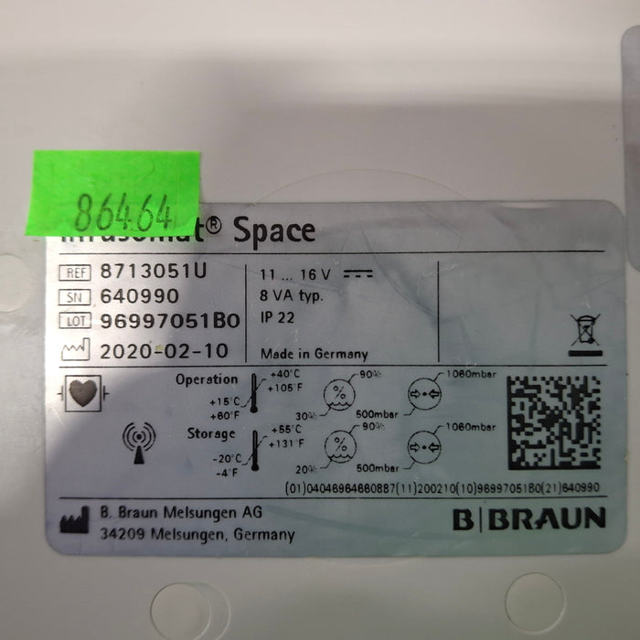 B. Braun Infusomat Space w/Pole Clamp & AC Adapter Infusion Pump