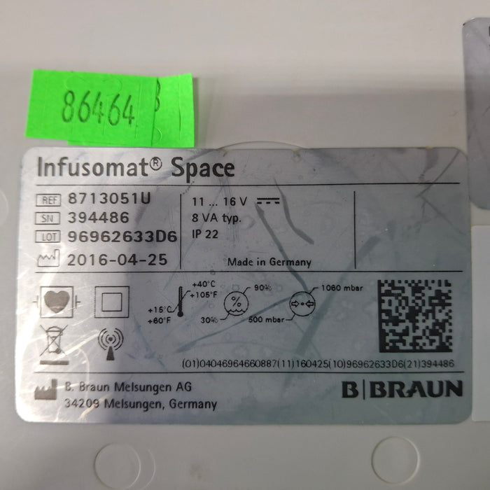 B. Braun Infusomat Space w/Pole Clamp & AC Adapter Infusion Pump