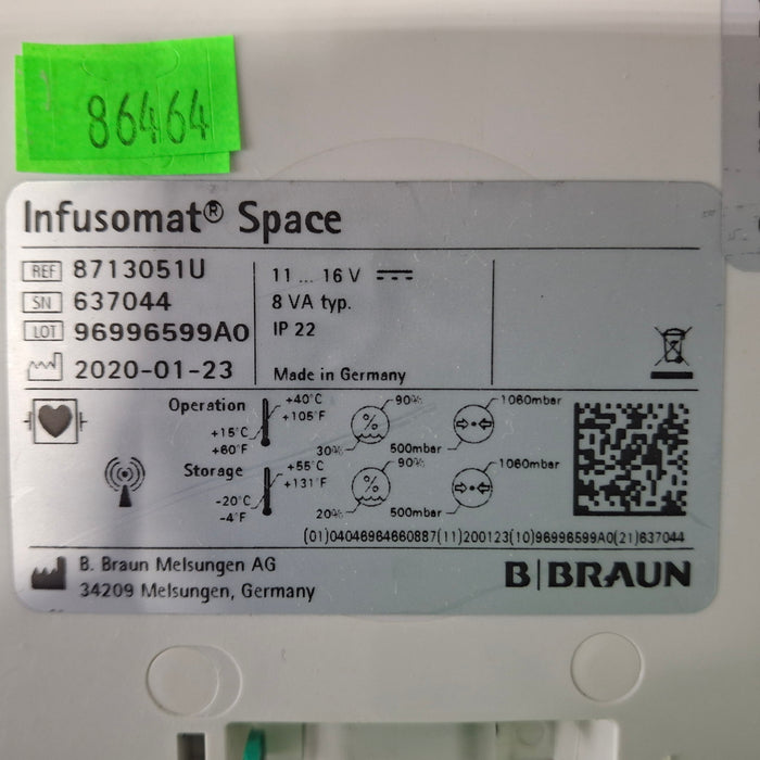 B. Braun Infusomat Space w/Pole Clamp & AC Adapter Infusion Pump