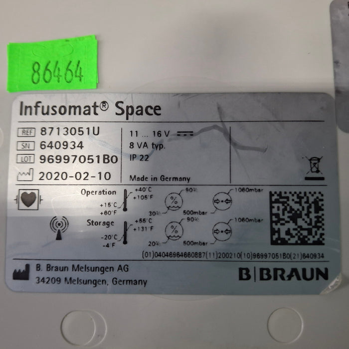 B. Braun Infusomat Space w/Pole Clamp & AC Adapter Infusion Pump