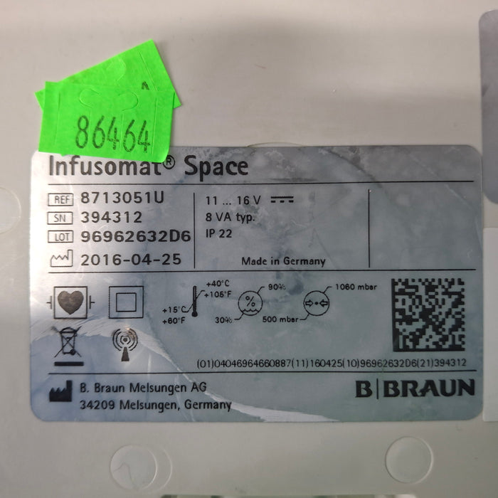 B. Braun Infusomat Space w/Pole Clamp & AC Adapter Infusion Pump