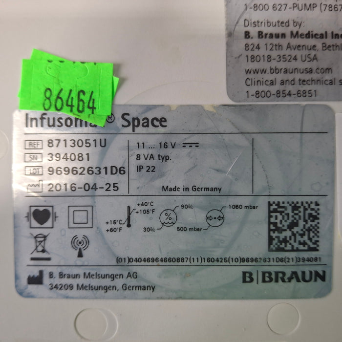 B. Braun Infusomat Space w/Pole Clamp & AC Adapter Infusion Pump