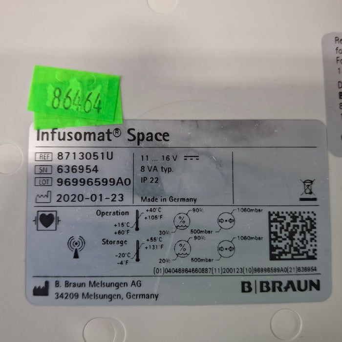 B. Braun Infusomat Space w/Pole Clamp & AC Adapter Infusion Pump