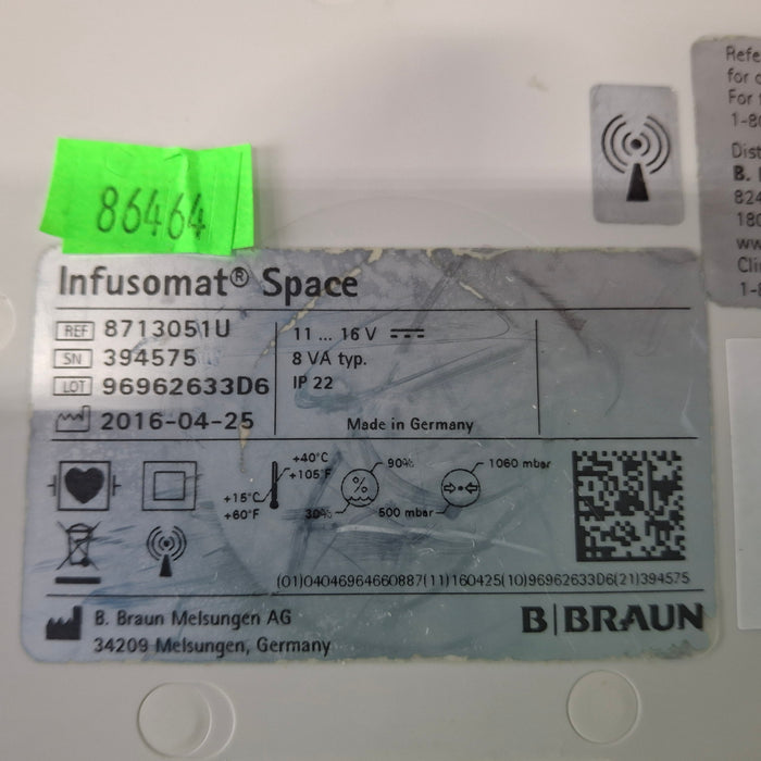 B. Braun Infusomat Space w/Pole Clamp & AC Adapter Infusion Pump