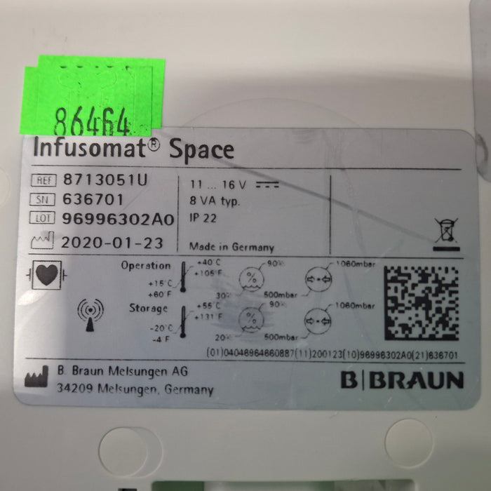B. Braun Infusomat Space w/Pole Clamp & AC Adapter Infusion Pump