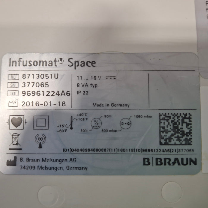 B. Braun Infusomat Space w/Pole Clamp & AC Adapter Infusion Pump