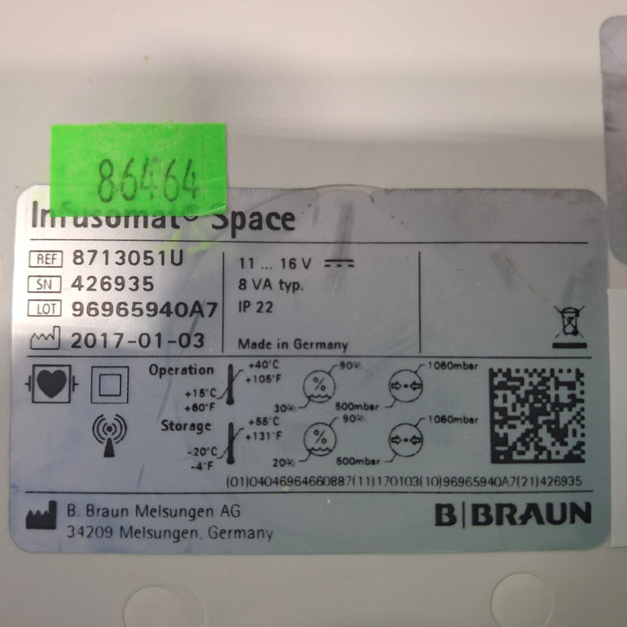 B. Braun Infusomat Space w/Pole Clamp & AC Adapter Infusion Pump