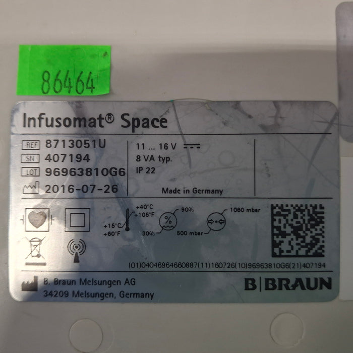 B. Braun Infusomat Space w/Pole Clamp & AC Adapter Infusion Pump