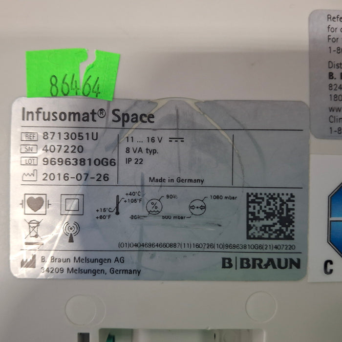 B. Braun Infusomat Space w/Pole Clamp & AC Adapter Infusion Pump