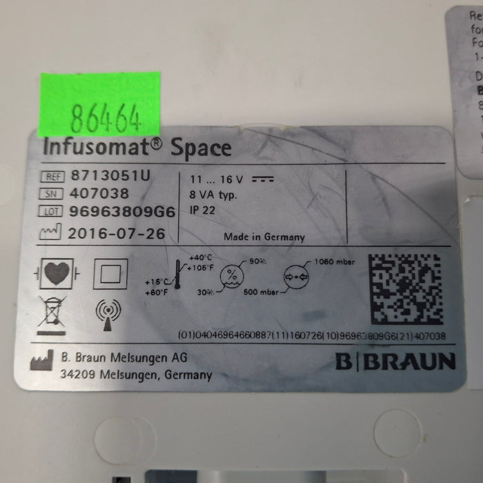 B. Braun Infusomat Space w/Pole Clamp & AC Adapter Infusion Pump