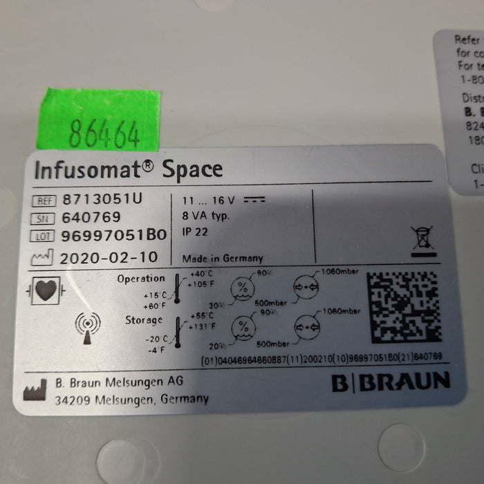 B. Braun Infusomat Space w/Pole Clamp & AC Adapter Infusion Pump