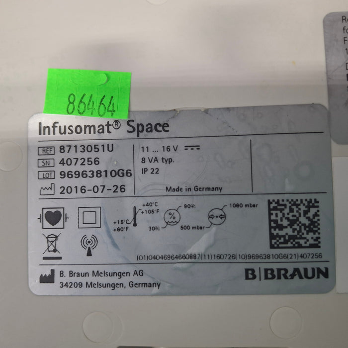 B. Braun Infusomat Space w/Pole Clamp & AC Adapter Infusion Pump