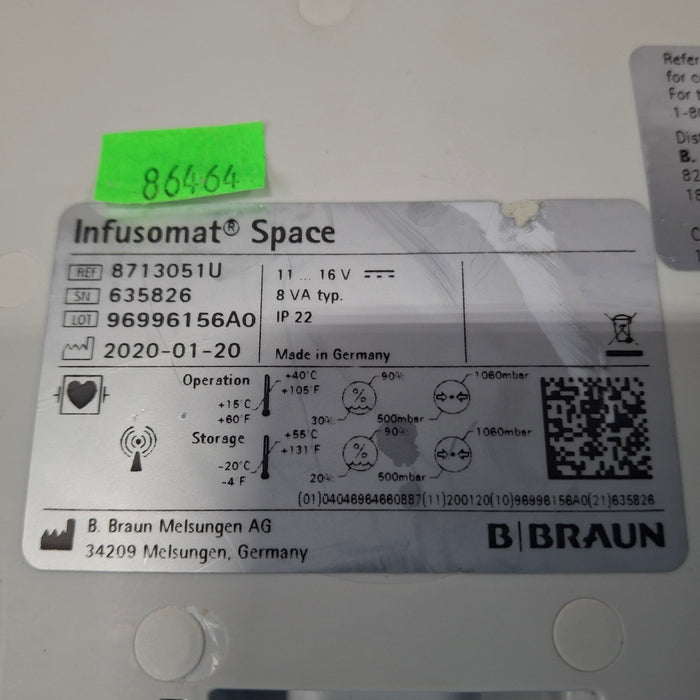 B. Braun Infusomat Space w/Pole Clamp & AC Adapter Infusion Pump