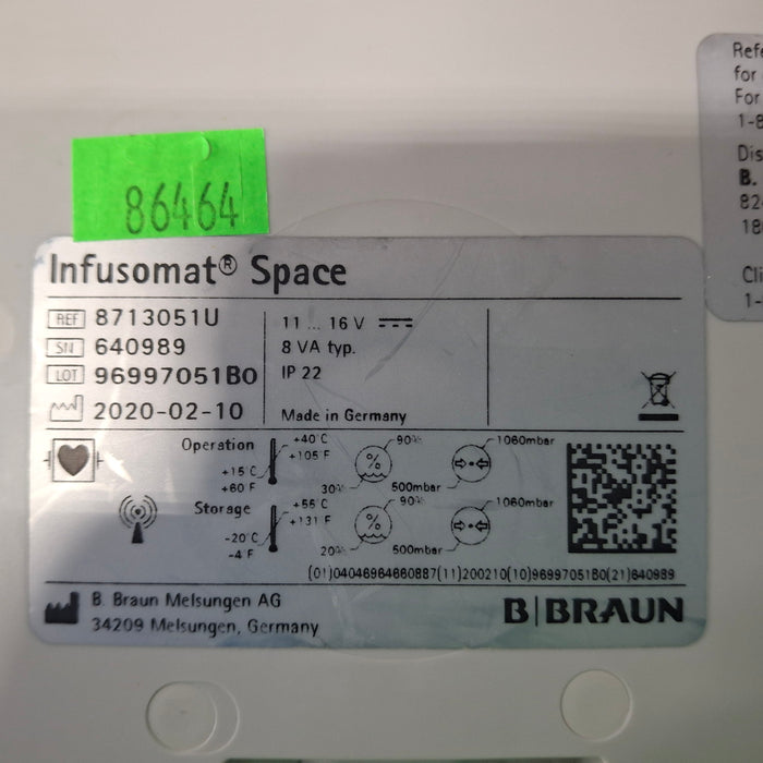 B. Braun Infusomat Space w/Pole Clamp & AC Adapter Infusion Pump