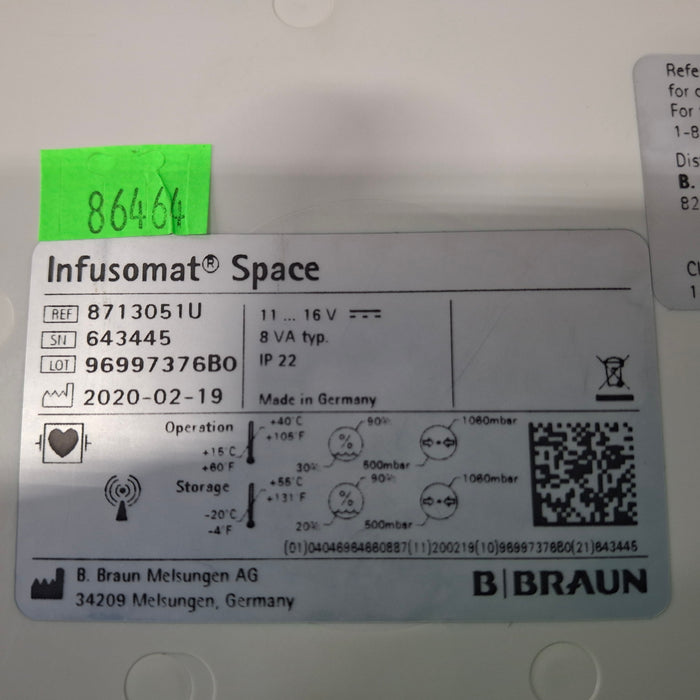 B. Braun Infusomat Space w/Pole Clamp & AC Adapter Infusion Pump