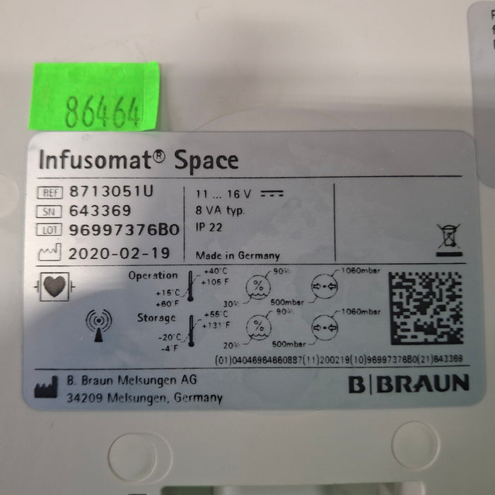 B. Braun Infusomat Space w/Pole Clamp & AC Adapter Infusion Pump