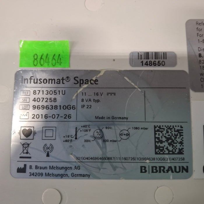 B. Braun Infusomat Space w/Pole Clamp & AC Adapter Infusion Pump