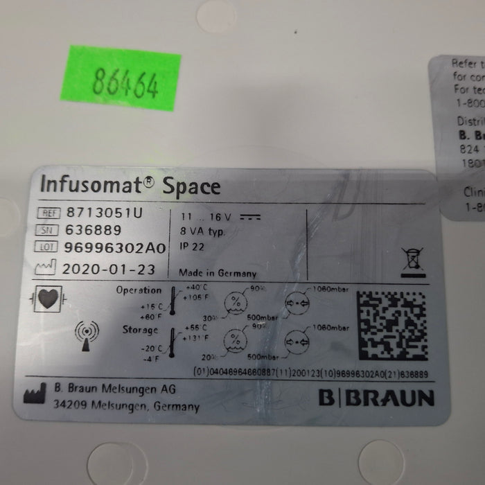 B. Braun Infusomat Space w/Pole Clamp & AC Adapter Infusion Pump