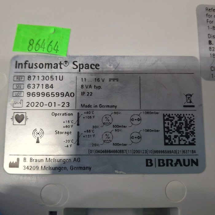 B. Braun Infusomat Space w/Pole Clamp & AC Adapter Infusion Pump