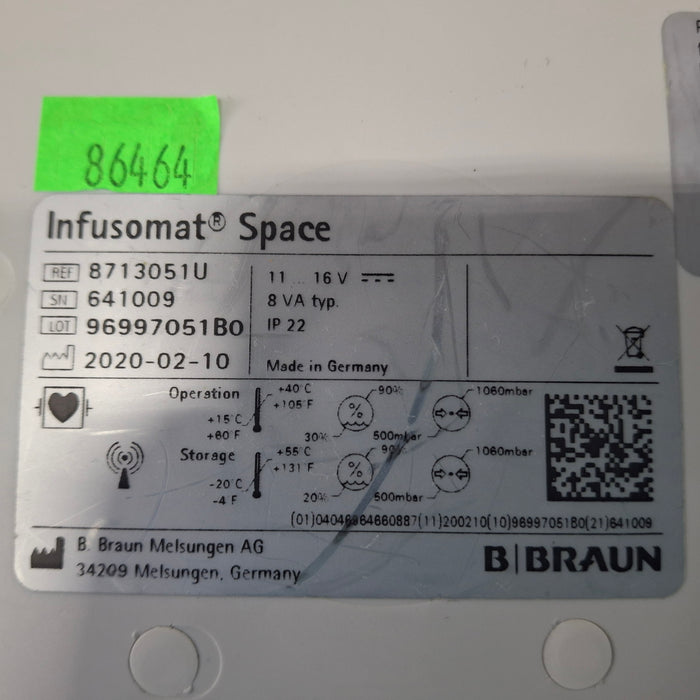 B. Braun Infusomat Space w/Pole Clamp & AC Adapter Infusion Pump