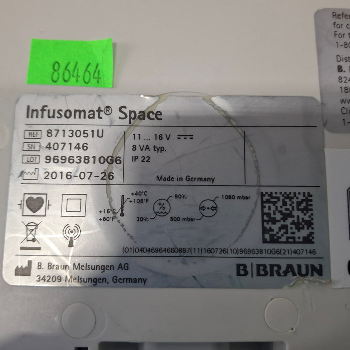 B. Braun Infusomat Space w/Pole Clamp & AC Adapter Infusion Pump